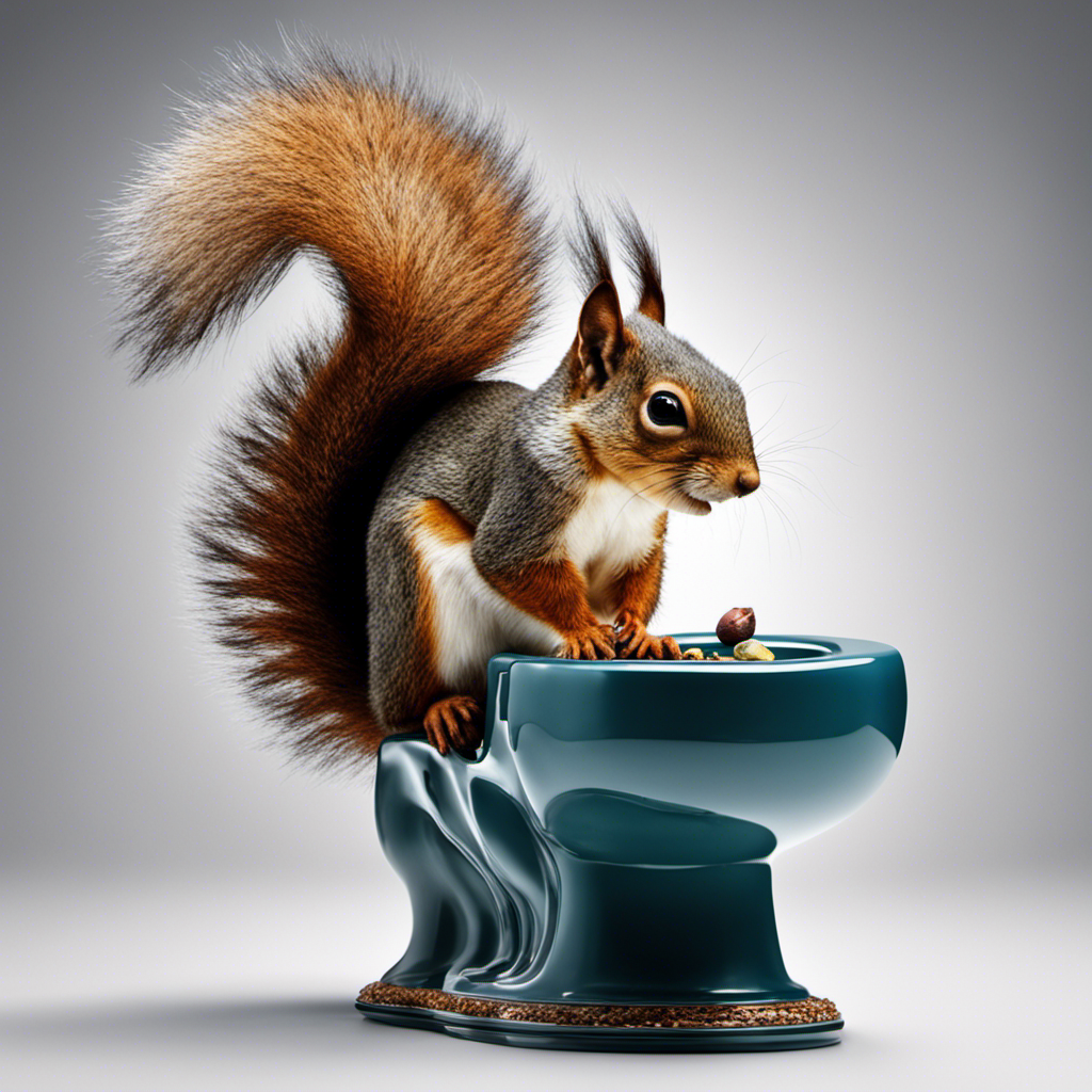 An image showcasing a startled squirrel, perched on the edge of a toilet bowl, with its wide eyes reflecting disbelief, as it gazes at its submerged acorns in the swirling water below