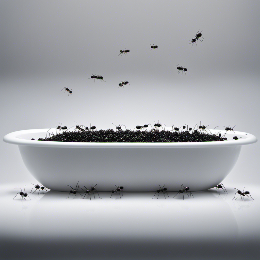 An image capturing a close-up of an empty bathtub, filled with tiny black ants meandering along the smooth, white porcelain surface, exploring the drains, while droplets of water glisten in the background