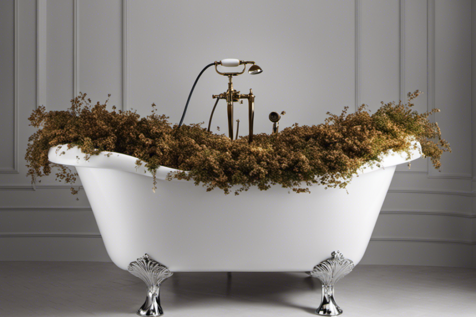 An image of a pristine white porcelain bathtub filled with warm water, adorned with tiny, lively fleas hopping about