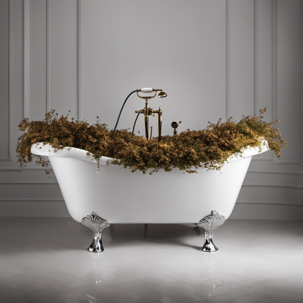 An image of a pristine white porcelain bathtub filled with warm water, adorned with tiny, lively fleas hopping about