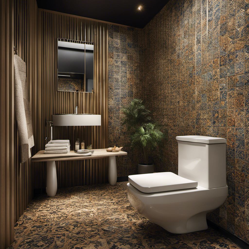 An image capturing an Italian bathroom, featuring a sleek, modern toilet with a missing seat, surrounded by intricate tiles and adorned with a bidet, highlighting the curious absence of toilet seats in Italian culture