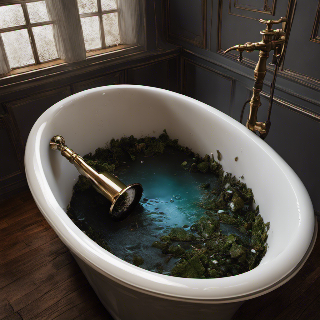 An image capturing a bathtub filled with murky water and debris, with a partially submerged plunger lying nearby