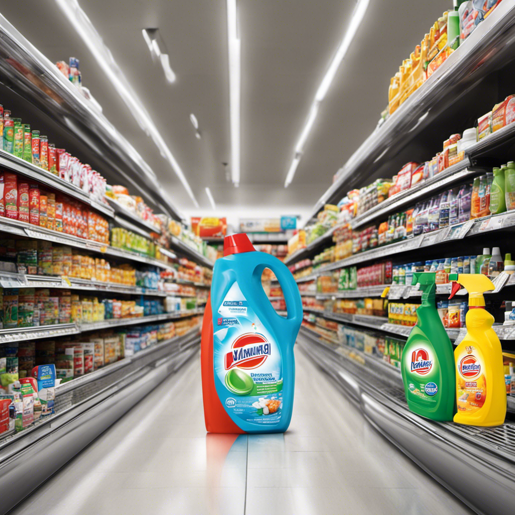 An image featuring a supermarket aisle with neatly arranged cleaning products
