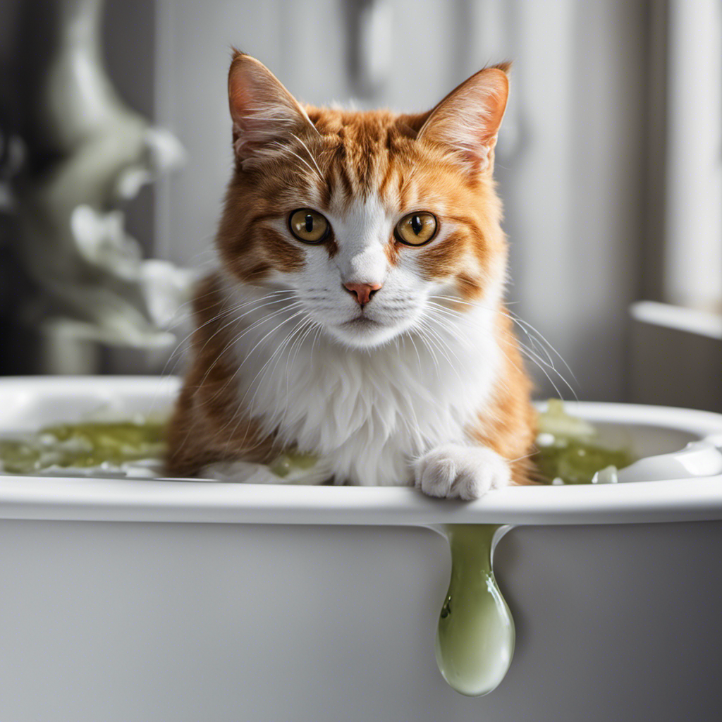 An image of a startled cat perched on the edge of a pristine white bathtub, with a perplexed expression, surrounded by scattered litter, while a single droplet of urine splashes into the empty drain