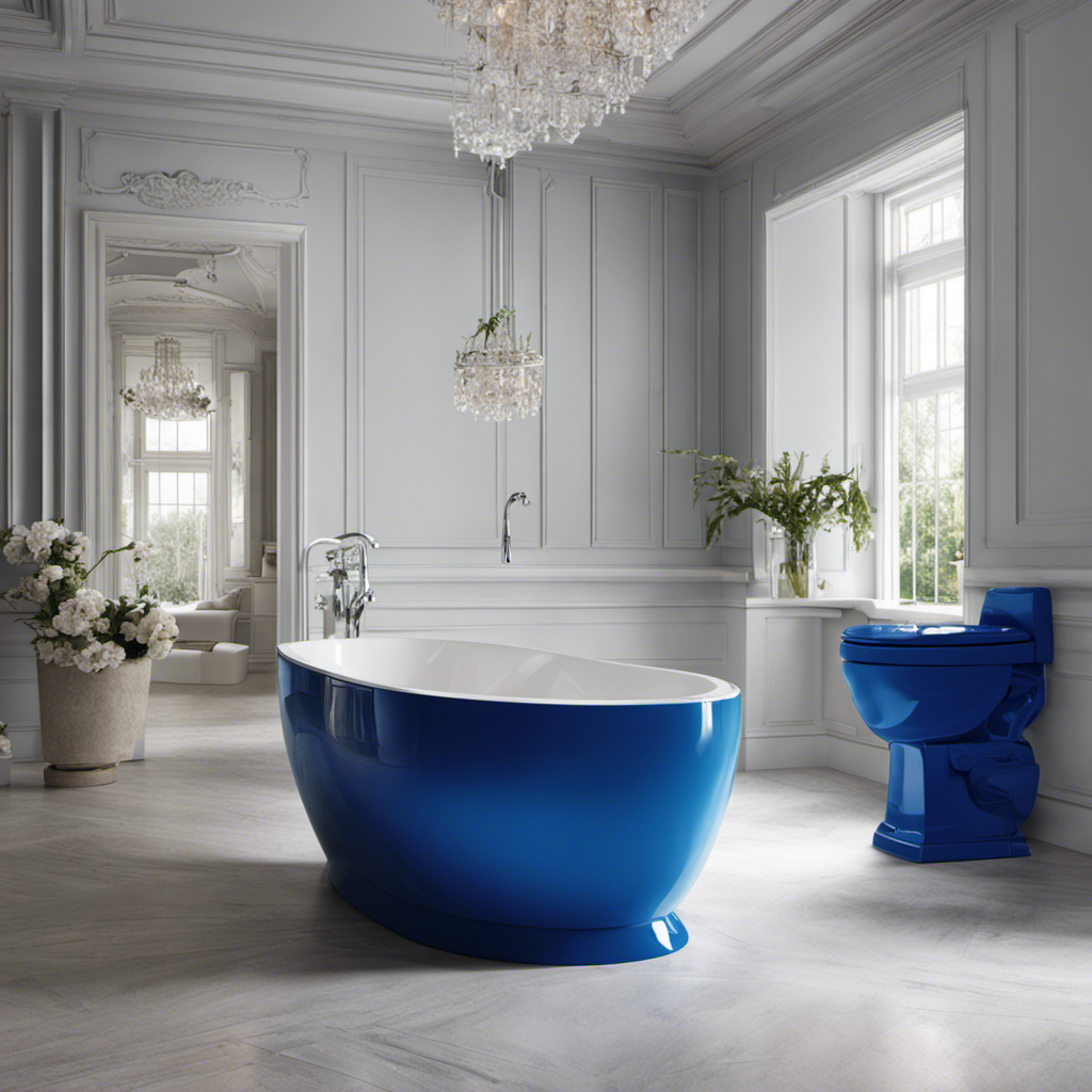 An image depicting a pristine bathroom with a perplexing twist - a glossy, vibrant blue toilet seat that contrasts against the neutral surroundings