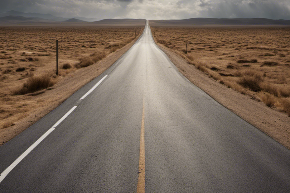 An image capturing a deserted road stretching into the distance, with a mischievous roll of toilet paper lingering on one side, seemingly hesitant to cross