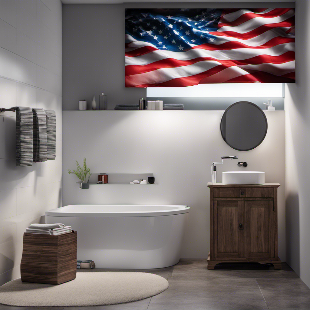 An image depicting a bathroom scene with a roll of toilet paper, showcasing an American flag pattern, hanging next to a modern toilet