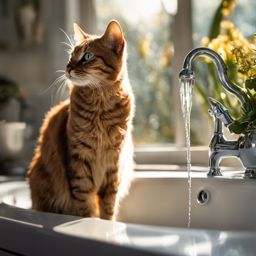 An image capturing a curious cat perched on a bathroom countertop, captivated by a toilet bowl filled with fresh water