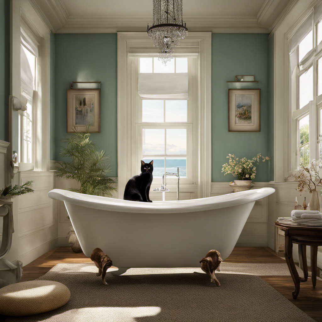 An image capturing a serene, well-lit bathroom scene with a mischievous cat perched on the edge of a pristine bathtub, showcasing the perplexing yet intriguing phenomenon of cats choosing bathtubs as their preferred spot for relieving themselves