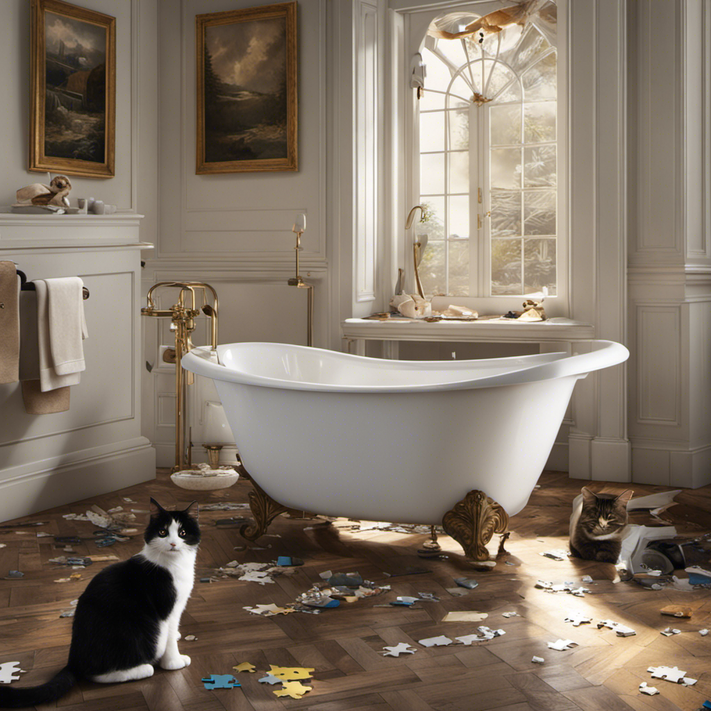 An image displaying a serene bathroom scene with a perplexed cat perched on the edge of a pristine white bathtub, showcasing its puzzled expression while surrounded by scattered litter and a nearby litter box