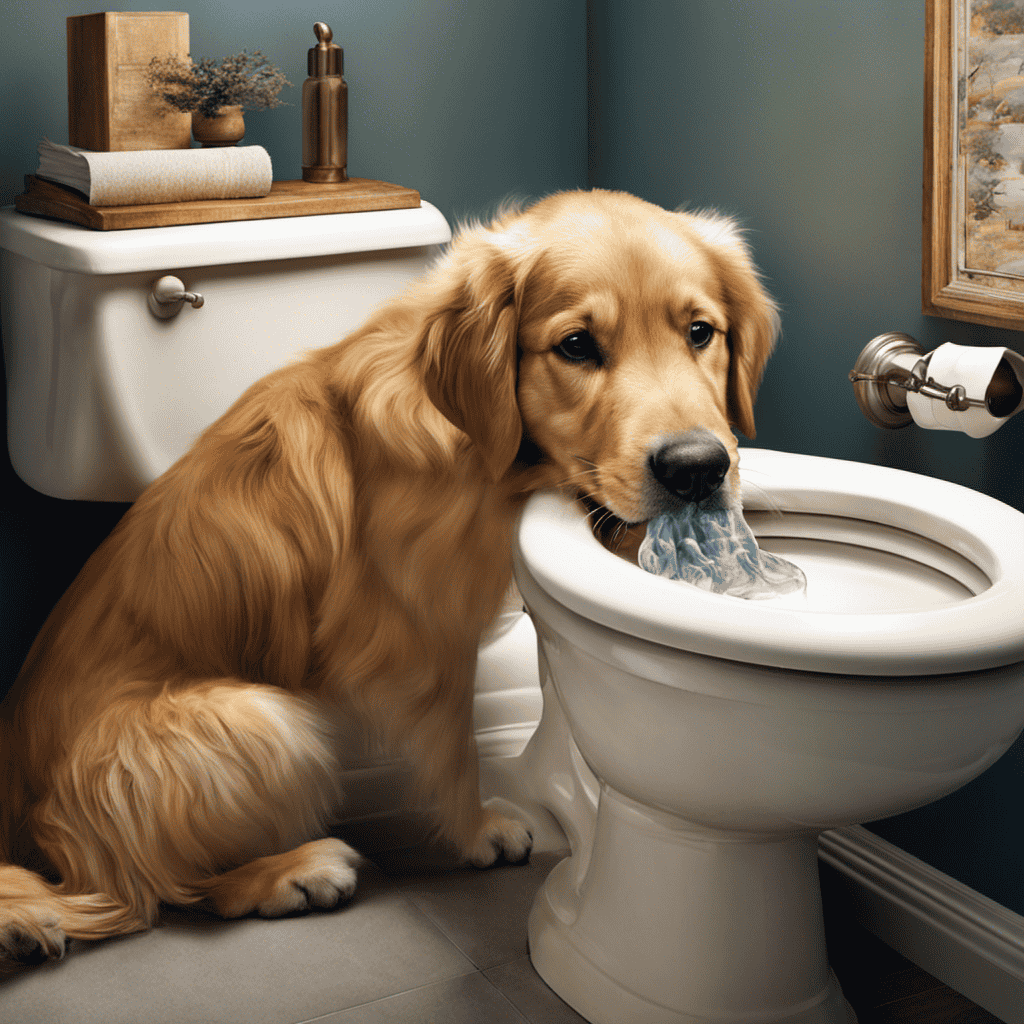 An image capturing a mischievous golden retriever, tongue lolling, as it curiously leans over the toilet bowl, paws perched on the seat, investigating why dogs are inexplicably drawn to this peculiar water source