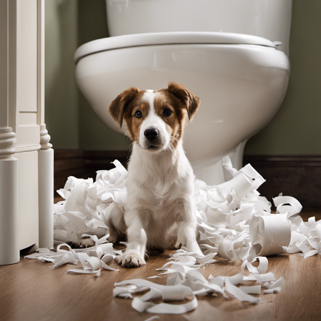 An image showcasing a mischievous dog standing triumphantly beside a shredded toilet paper roll, unraveling white strips scattered across the bathroom floor