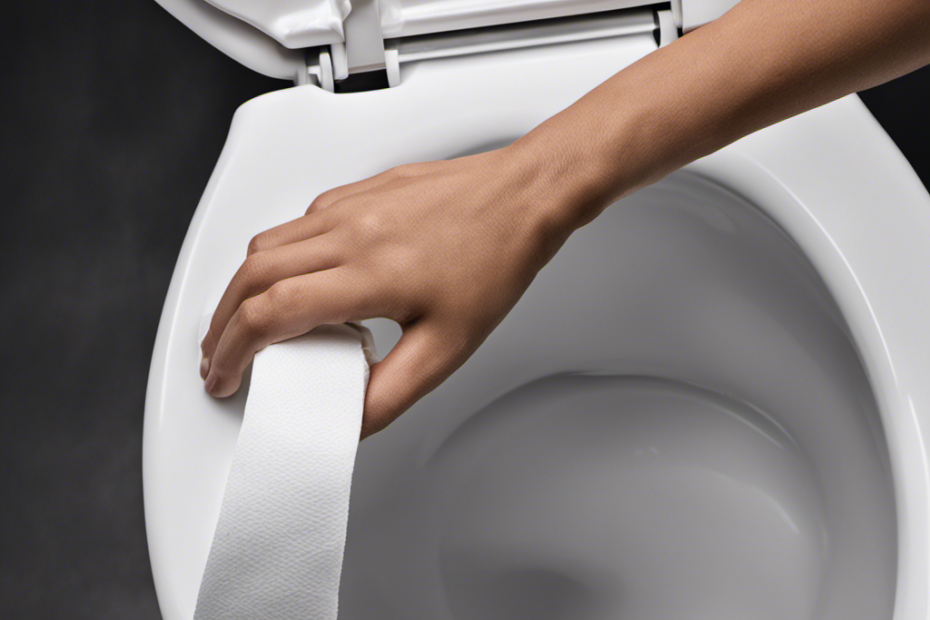 An image showcasing a person's hand reaching for the flush lever on a toilet, surrounded by a faint cloud of toilet paper