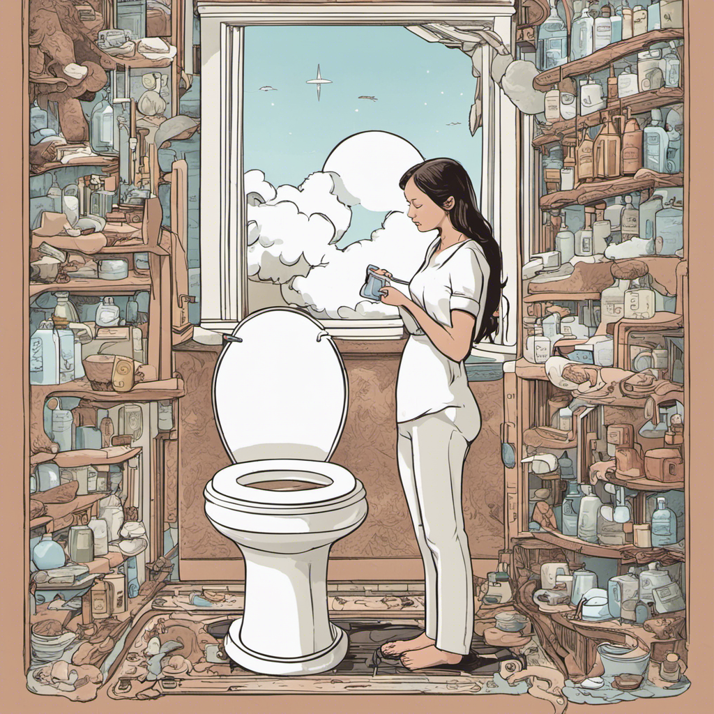 An image showcasing a serene bathroom scene, with a perplexed individual sitting on the toilet seat, contemplating their repeated visits, while a thought bubble reveals a series of digestive system illustrations