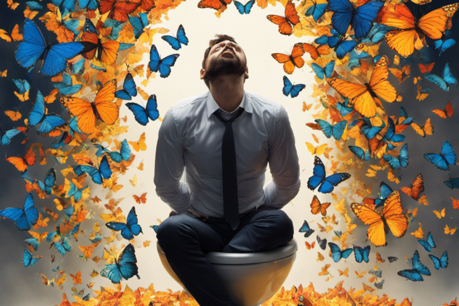 An image depicting a person sitting on a toilet, their feet dangling above the floor, with a tingly sensation emanating from their feet and visualized as a swarm of colorful, buzzing butterflies