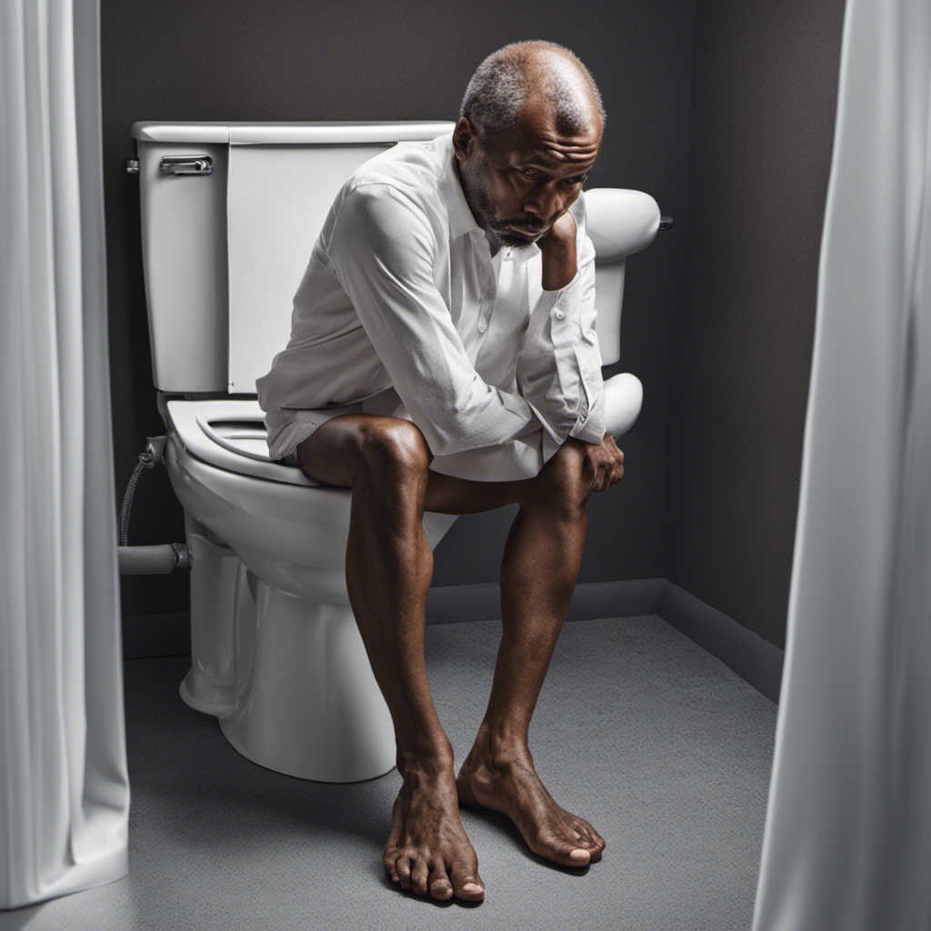 An image of a person sitting on a toilet, their legs crossed, with a tingling sensation spreading from their feet up to their knees, highlighting the perplexed expression on their face