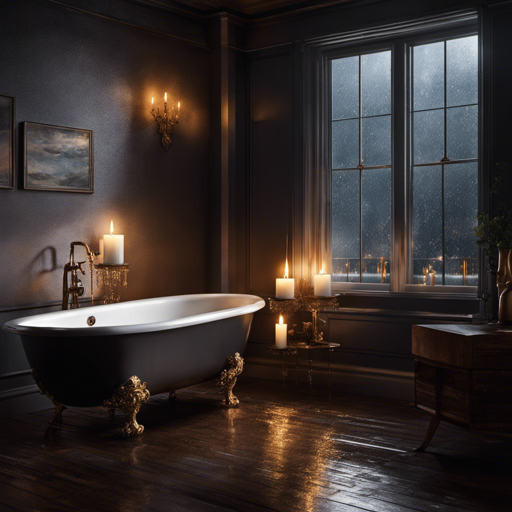 An image of a dimly lit bathroom, raindrops fiercely pounding against the frosted windowpane