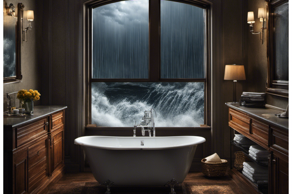 An image depicting a stormy night with rain lashing against a window, while inside, a bathtub slowly fills with water as a precautionary measure during a hurricane