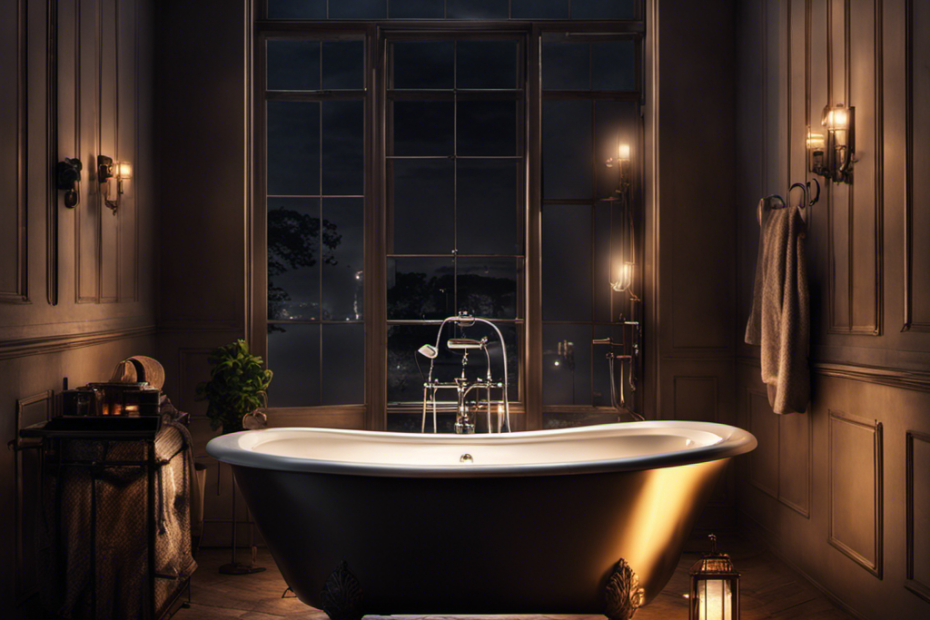 An image showcasing a dimly lit bathroom with a filled bathtub