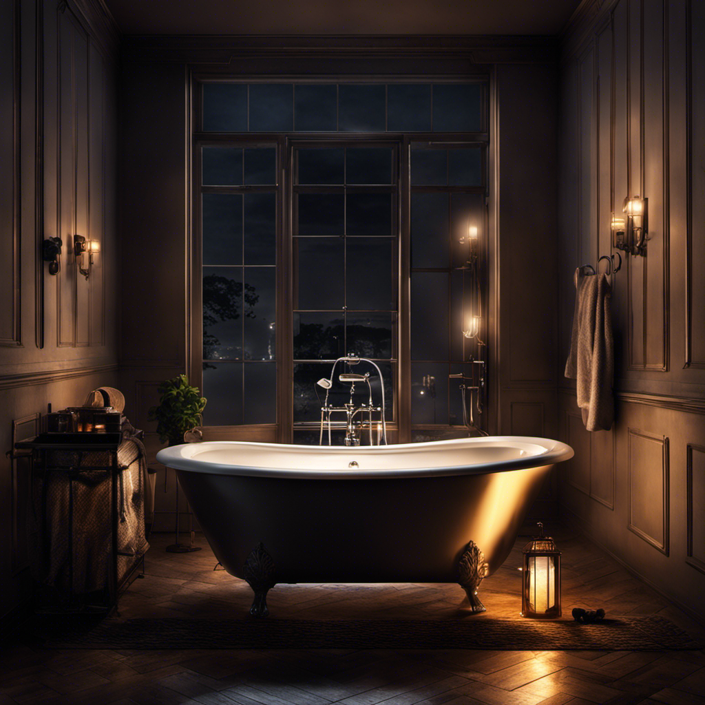 An image showcasing a dimly lit bathroom with a filled bathtub