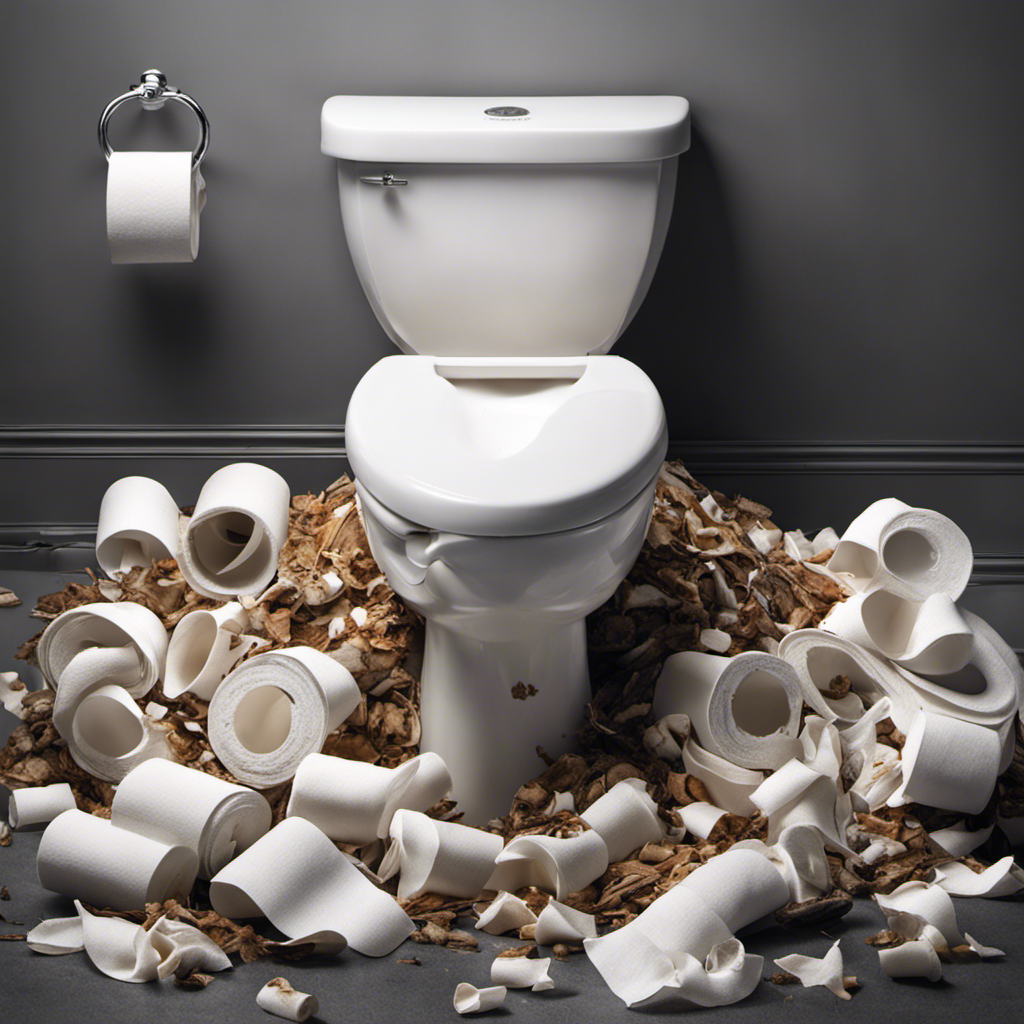 An image depicting a close-up view of a toilet bowl filled with toilet paper and other debris, obstructing the drain