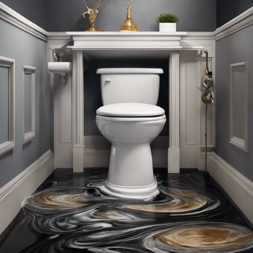 An image capturing the chaos of a toilet overflow, with water spilling over the rim, swirling in turbulent patterns, soaking the floor, and forming puddles