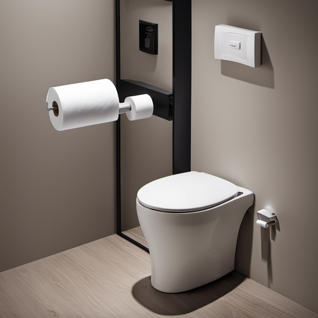 An image showcasing a bathroom with a large roll of white toilet paper mounted on a dispenser