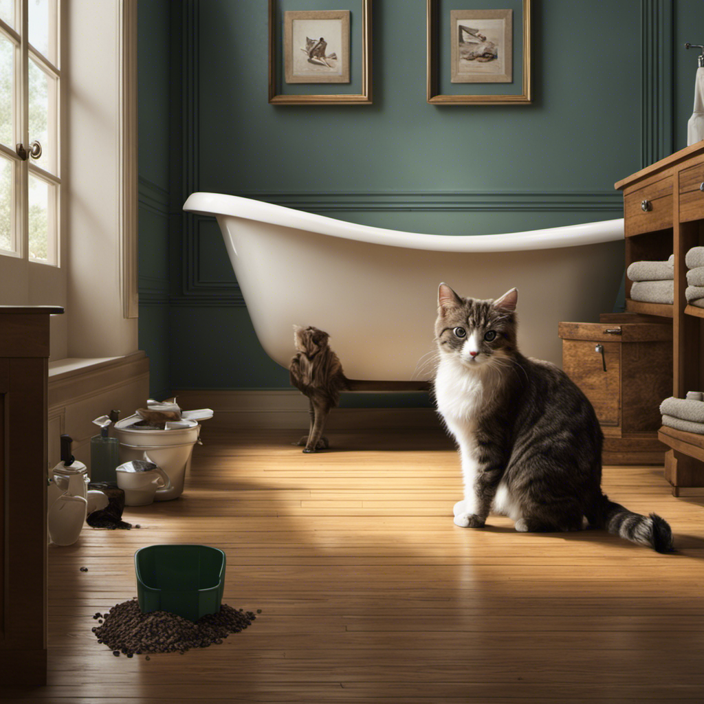 An image depicting a serene bathroom scene with a perplexed cat standing beside a clean litter box, while a trail of litter leads to the bathtub where a surprised owner finds a pile of cat poop