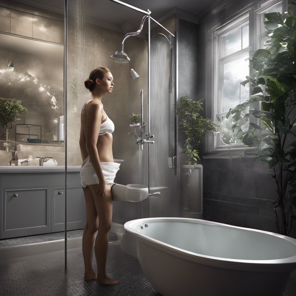 An image showcasing a bathroom scene: a person flushing a toilet, causing a sudden water pressure drop