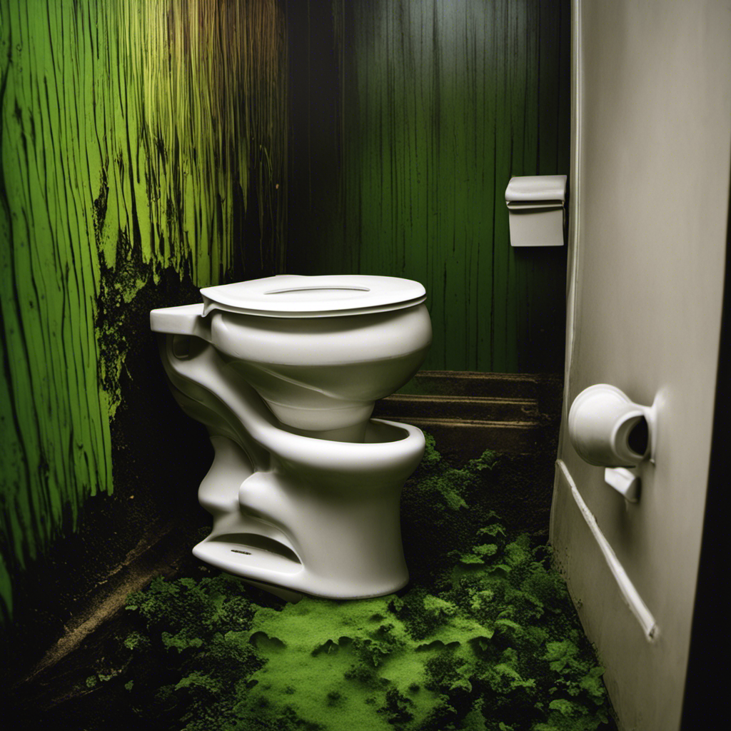 An image showcasing a close-up of a damp, neglected toilet bowl with dark green and black mold patches spreading across its surface, highlighting the conditions that foster mold growth in toilets