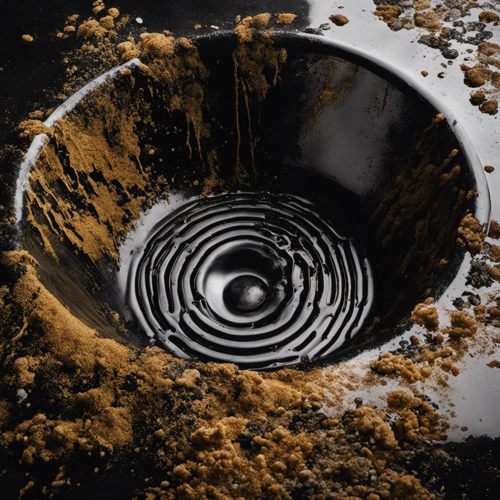 An image of a bathtub drain surrounded by slimy, black residue, emitting a foul stench