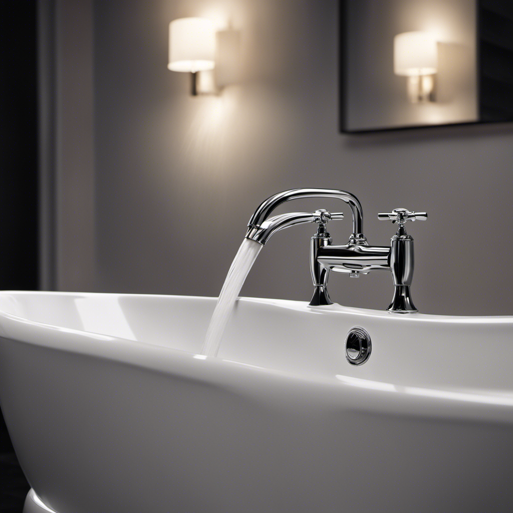 An image of a dimly lit bathroom, showcasing a close-up of a shiny chrome bathtub faucet