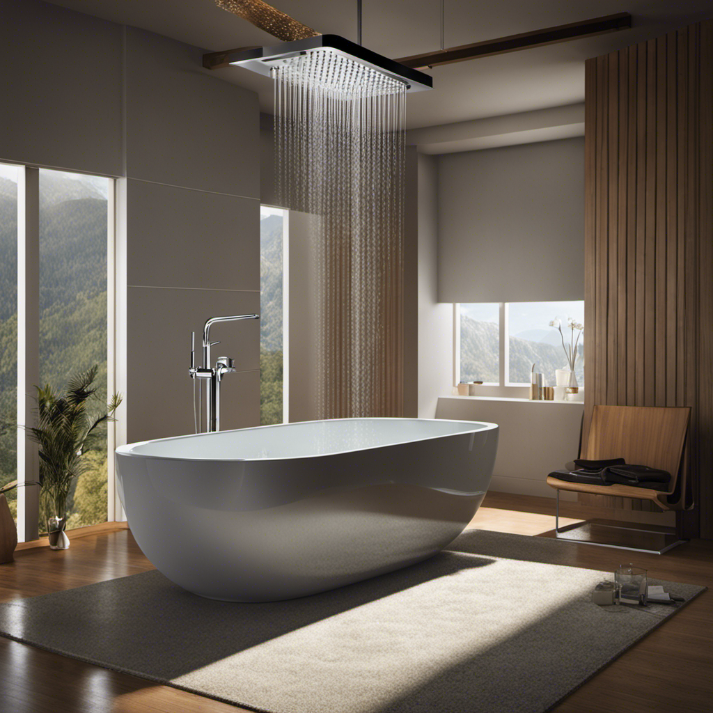 An image depicting a bathtub with a showerhead suspended above, showing water flowing from the showerhead into the tub, accompanied by a clear visual representation of the water drainage system