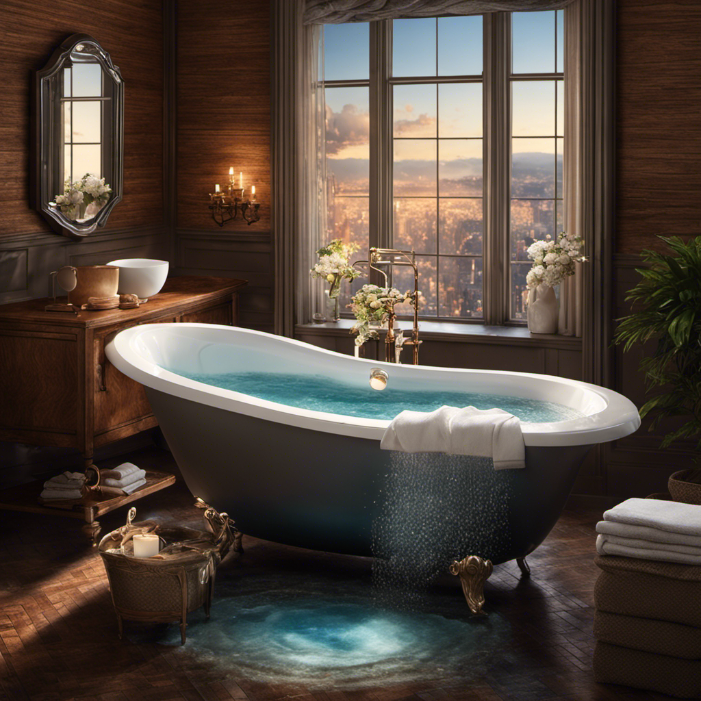 An image depicting a cozy bathroom scene, with a bathtub filled with water and bubbles