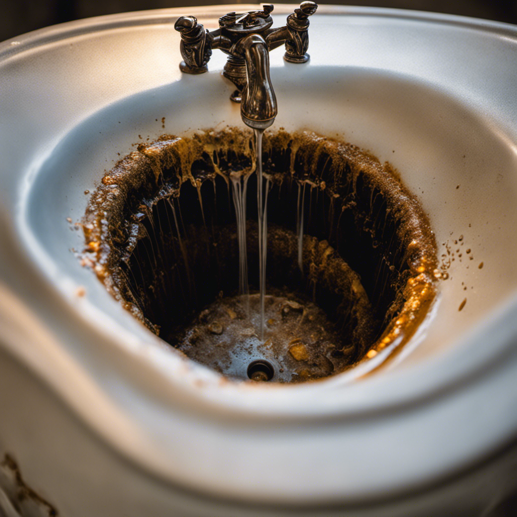 -up shot of a grimy bathtub drain, with water pooling around it, revealing a strong visual of discolored, sludgy residue emitting a foul odor, while faint steam rises from the surface