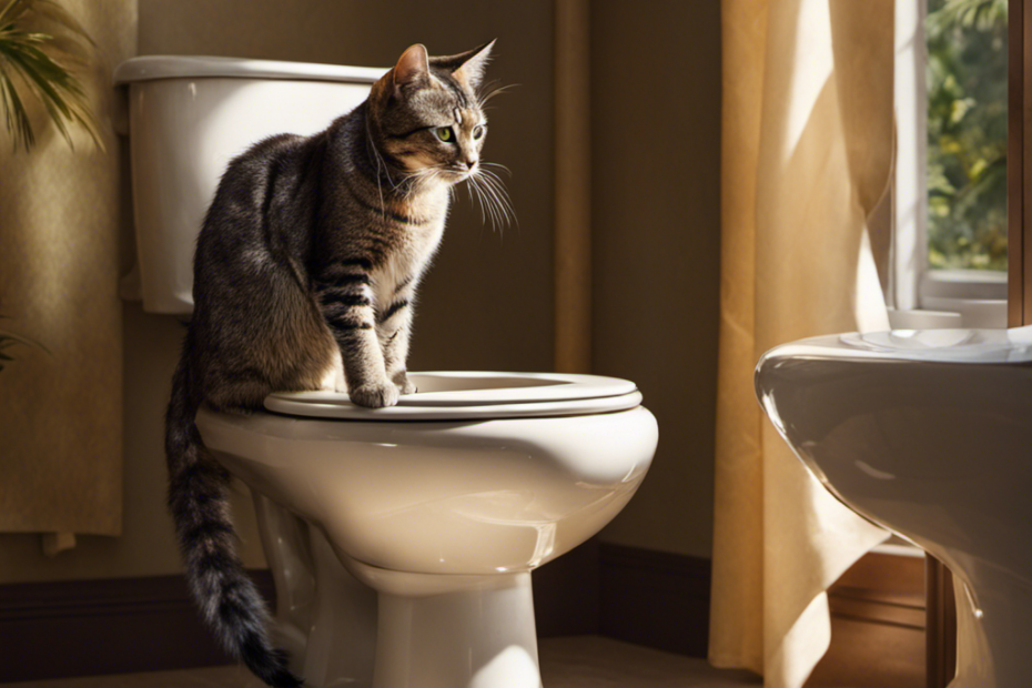 An image depicting a curious cat perched on the edge of a sparkling toilet bowl, delicately sipping water, with a puzzled expression on its face as sunlight filters through the bathroom window