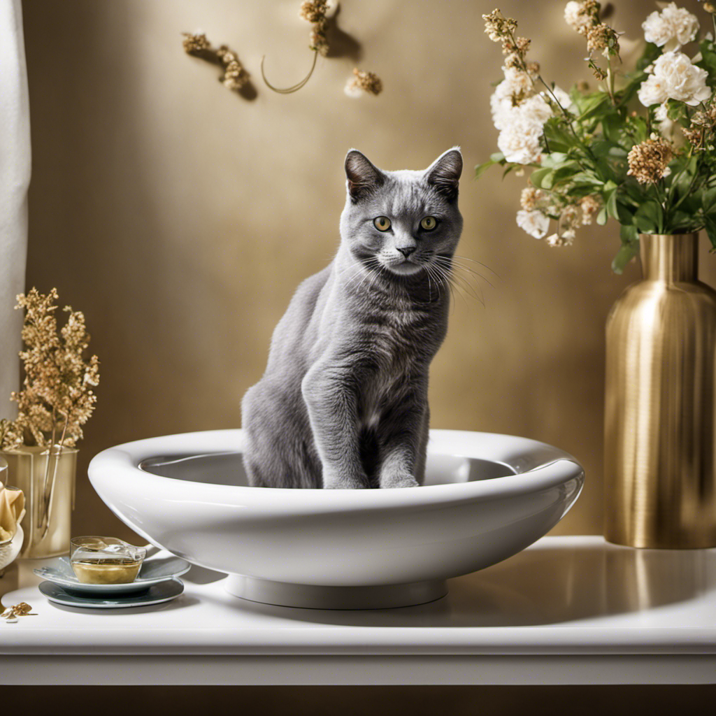 An image capturing a mischievous feline perched on the bathroom sink, leaning over to curiously observe the swirling water in the toilet bowl, its paw playfully batting at the droplets