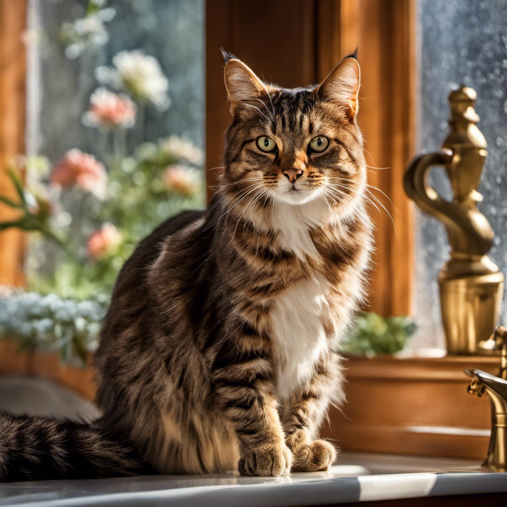 An image capturing a curious feline perched on the bathroom countertop, gazing intently at the toilet bowl with a quizzical expression