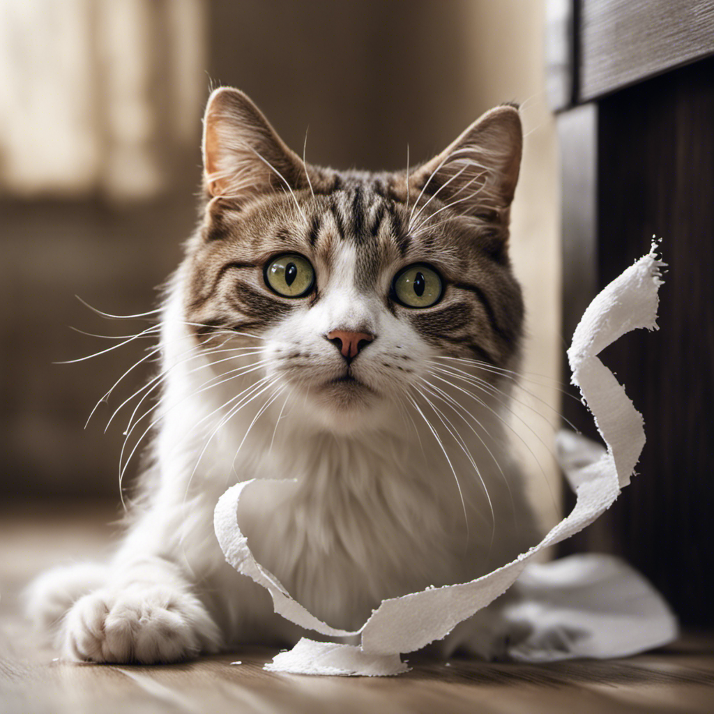 An image showcasing a mischievous cat with a playful expression, stealthily unraveling a roll of toilet paper, leaving a trail of white shreds scattered across the bathroom floor