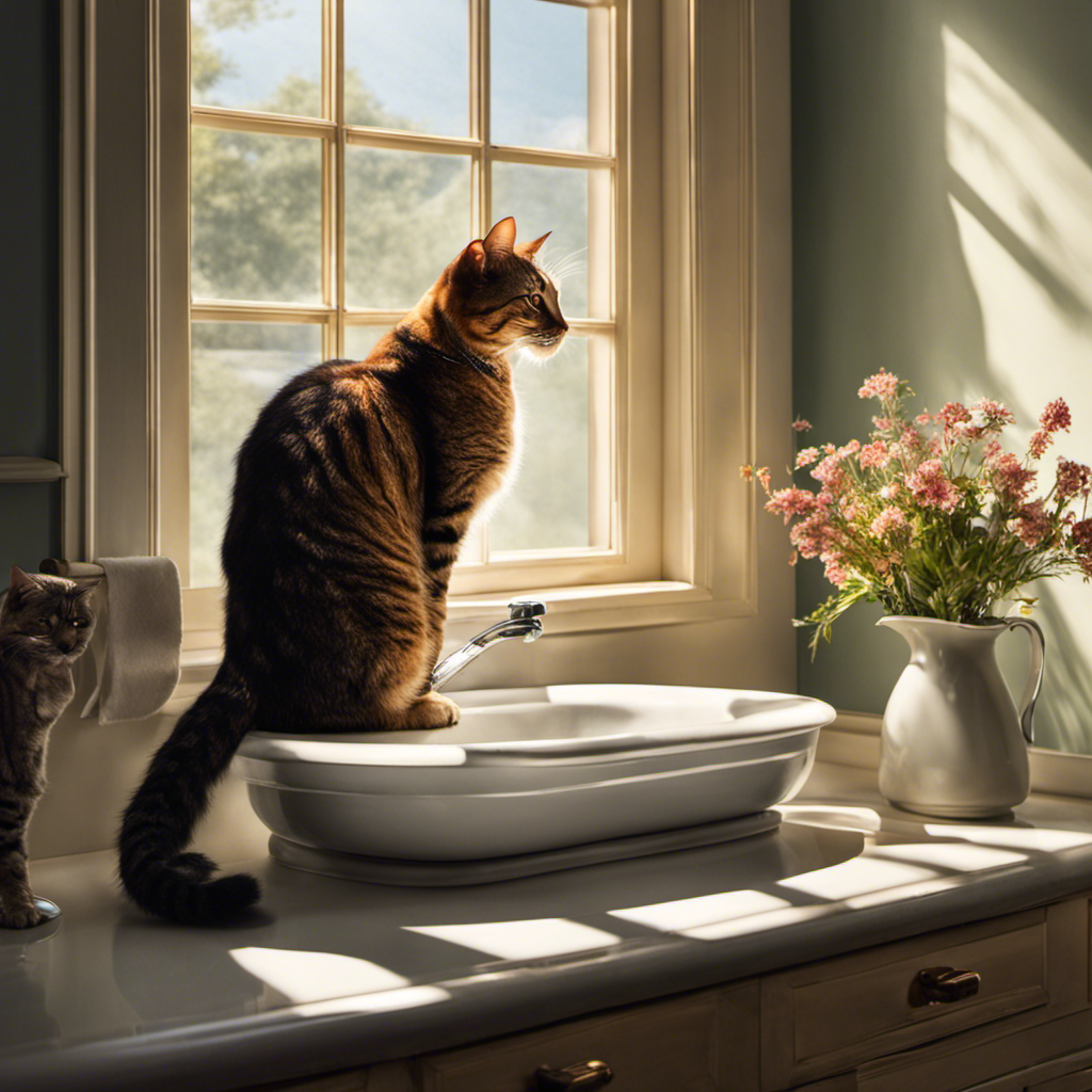 An image showcasing a curious feline perched on a bathroom sink, gazing intently at its owner seated on the toilet