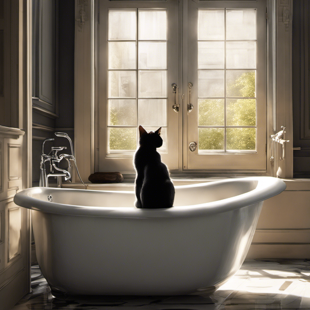 An image capturing the intrigue of a curious cat gazing into an empty bathtub, sunlight streaming through the bathroom window, illuminating the glossy white surface, evoking the mystery behind their peculiar fascination