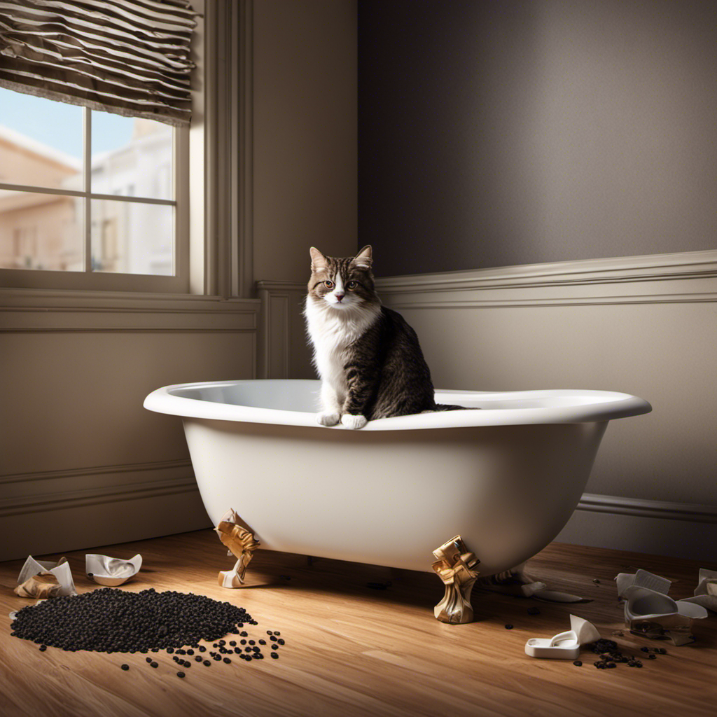 An image showcasing a perplexed cat sitting beside a pristine bathtub filled with litter, surrounded by scattered litter pellets and a trail of paw prints leading to a litter box nearby
