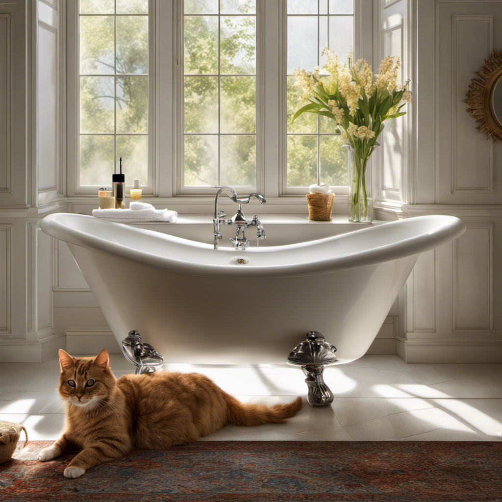 An image capturing a serene bathroom scene: a sunlit bathroom with a fluffy tabby cat sprawled across the cool porcelain of the bathtub, eyes closed, displaying contentment and relaxation