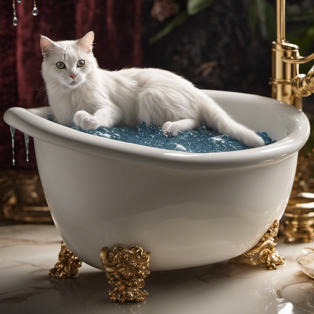 An image capturing a curious feline perched on the edge of a gleaming porcelain bathtub, mesmerized by water droplets cascading from a dripping faucet, its eyes wide with fascination and tail playfully swaying