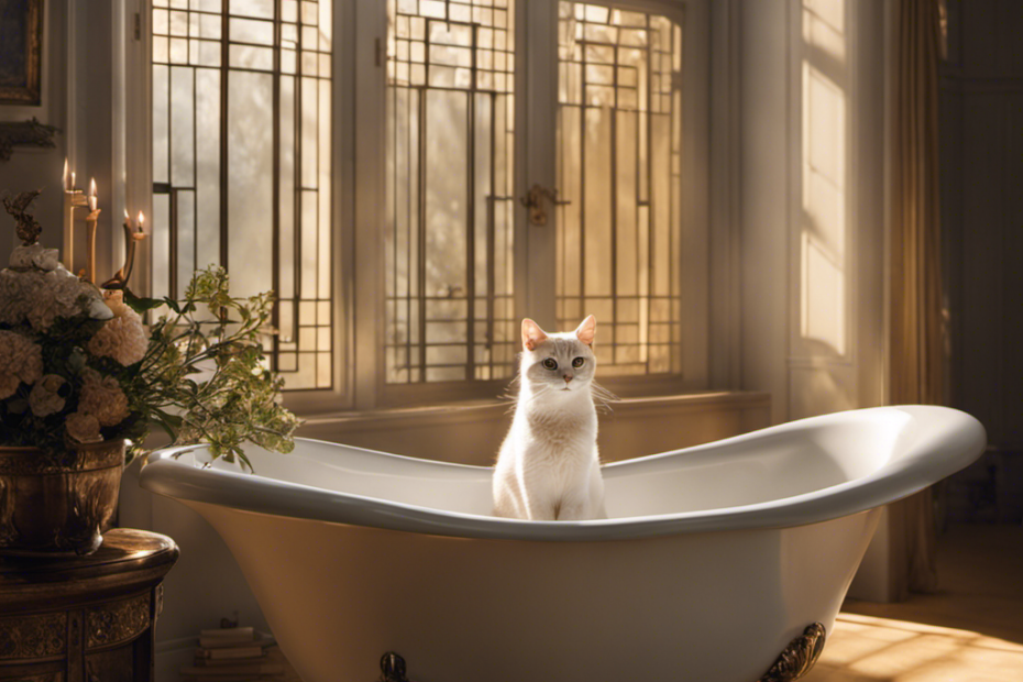 An image capturing a serene bathroom scene: a content cat perched in a pristine, empty bathtub, basking in the soft glow of sunlight streaming through a small, frosted window