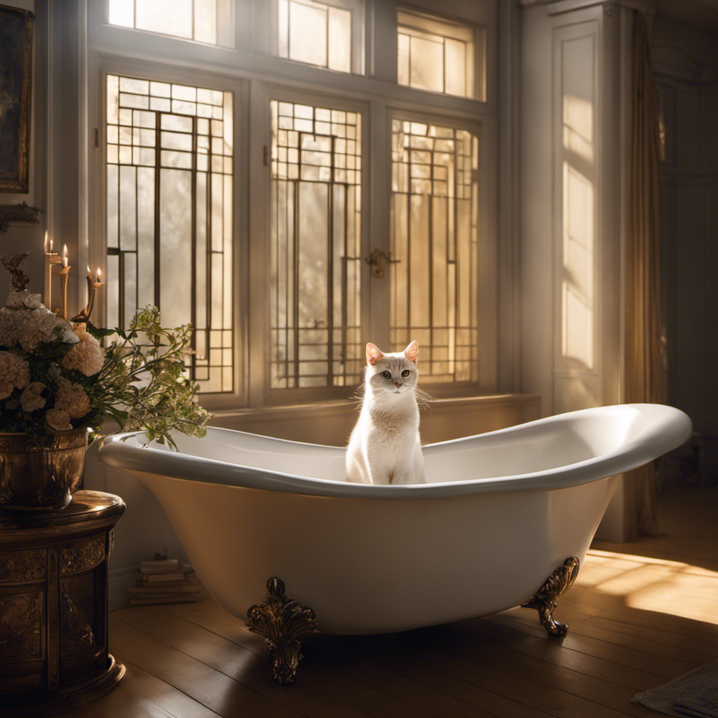 An image capturing a serene bathroom scene: a content cat perched in a pristine, empty bathtub, basking in the soft glow of sunlight streaming through a small, frosted window