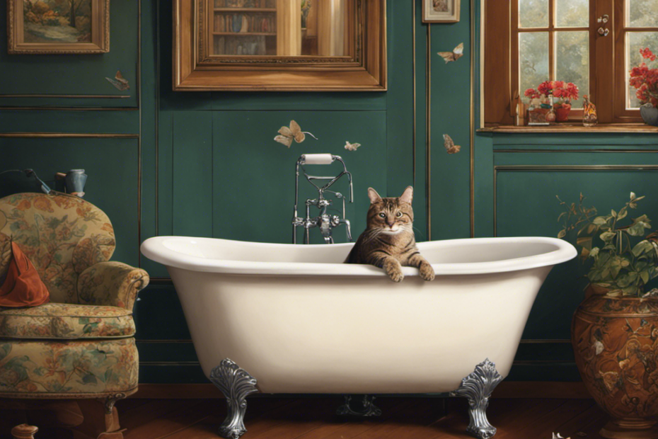 An image showcasing a curious cat peering into a pristine, porcelain bathtub, with a trail of scattered litter, a nearby litter box, and a perplexed owner observing the scene in the background