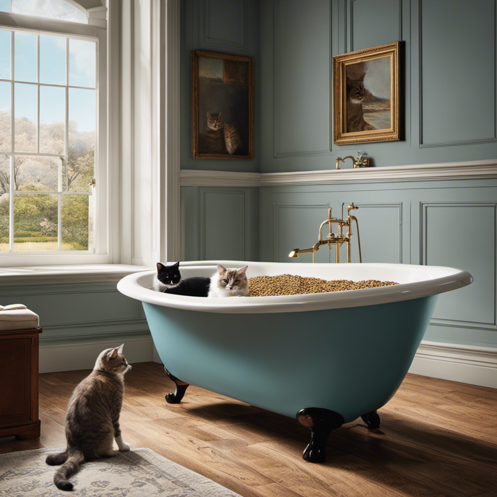 Vating image showcasing a perplexed owner standing beside a pristine bathtub filled with fresh cat litter, while their mischievous feline companion sits on the edge, contemplating the reasons behind their unconventional choice of bathroom