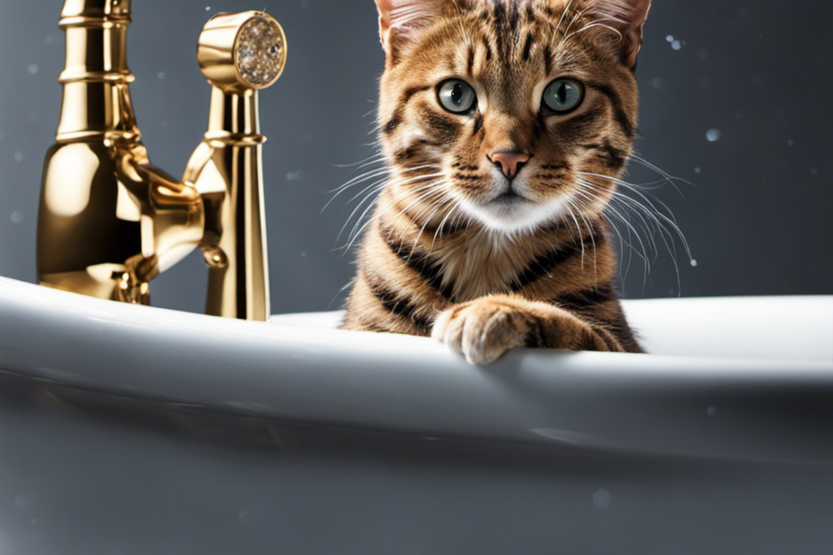 An image capturing the moment when a curious feline with arched back and extended claws investigates the bathtub's shiny surface, leaving behind faint scratches amidst scattered droplets of water