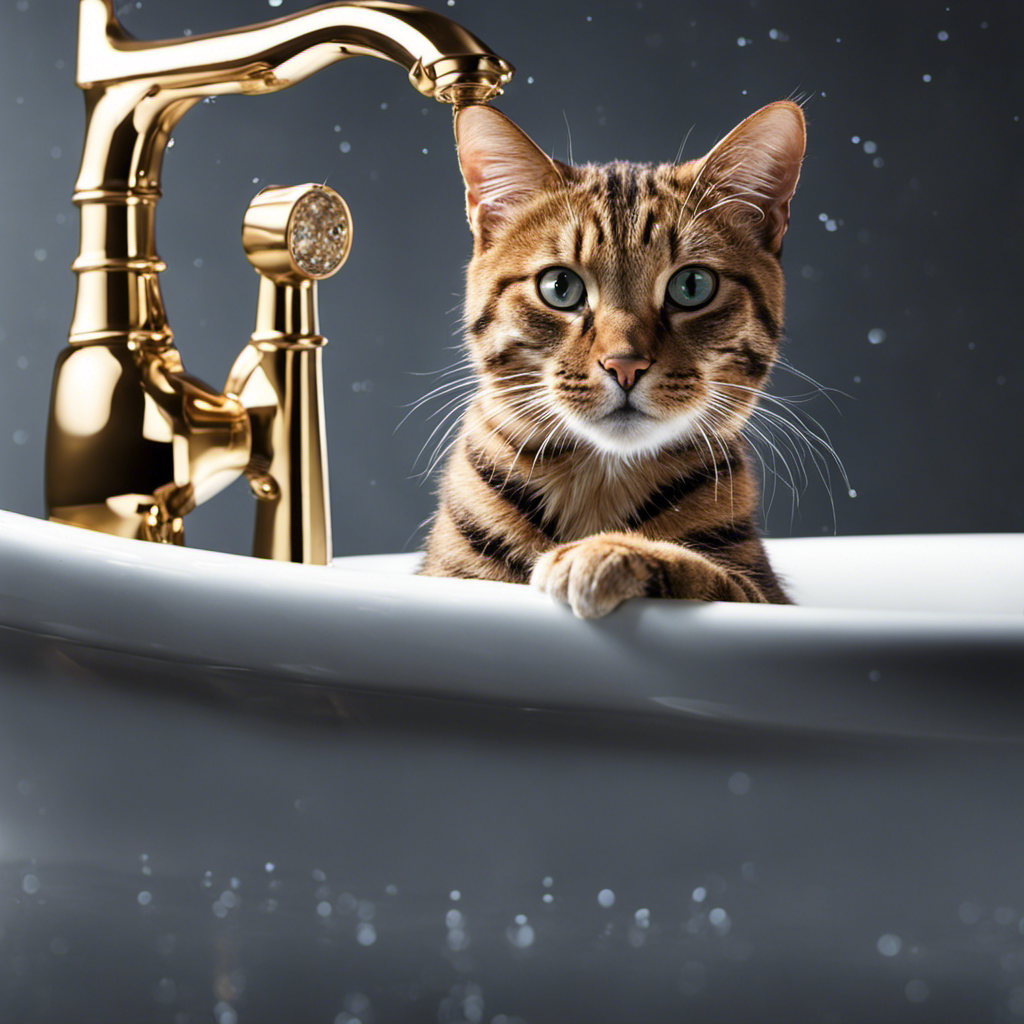 An image capturing the moment when a curious feline with arched back and extended claws investigates the bathtub's shiny surface, leaving behind faint scratches amidst scattered droplets of water